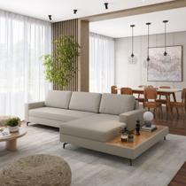 Sofá 3 Lugares 3,22m com Chaise Direito e Mesa Apoio Lateral Living Fixo em Linho Loft