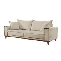 Sofá 3 Lugares Almofada Solta Base Madeira Veludo Bege Claro Margot 2,2m Sofá 3 Lugares Almofada Solta Base Madeira Veludo Bege Claro Margot 2,2m