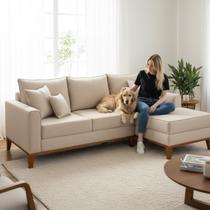 Sofá 3 Lugares Beny com Chaise Direito Linho Bege