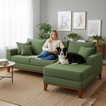 Sofá 3 Lugares Beny com Chaise Direito Linho Verde Oliva