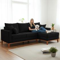 Sofá 3 Lugares Beny com Chaise Direito Suede Preto