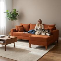 Sofá 3 Lugares Beny com Chaise Direito Suede Terracota