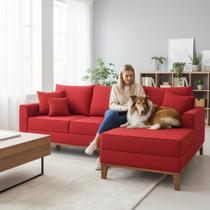 Sofá 3 Lugares Beny com Chaise Direito Suede Vermelho Sofá 3 Lugares Beny com Chaise Direito Suede Vermelho