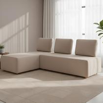 Sofá 3 Lugares com Chaise 222cm Rovier Veludo Bege Z32 - Mpozenato Sofá 3 Lugares com Chaise 222cm Rovier Veludo Bege Z32 - Mpozenato