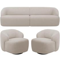 Sofá 3 Lugares Curvo Orgânico Com 02 Poltronas Living 220cm Barolo L06 Bouclê Bege