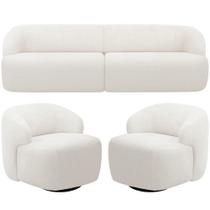 Sofá 3 Lugares Curvo Orgânico com 02 Poltronas Para Sala Living 220cm Barolo L06 Bouclê Branco - Lyam Decor