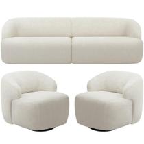 Sofá 3 Lugares Curvo Orgânico com 02 Poltronas Para Sala Living 220cm Barolo L06 Bouclê Off White - Lyam Decor