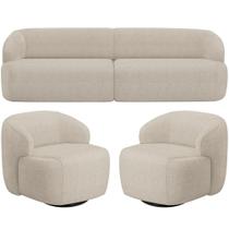 Sofá 3 Lugares Curvo Orgânico com 02 Poltronas Para Sala Living 220cm Barolo L06 Linho Bege Escuro - Lyam Decor