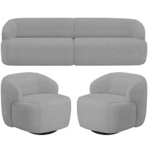 Sofá 3 Lugares Curvo Orgânico com 02 Poltronas Para Sala Living 220cm Barolo L06 Linho Cinza Escuro - Lyam Decor