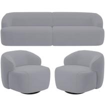 Sofá 3 Lugares Curvo Orgânico com 02 Poltronas Para Sala Living 220cm Barolo L06 Veludo Cinza - Lyam Decor