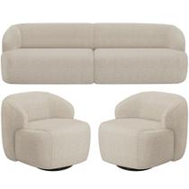 Sofá 3 Lugares Curvo Orgânico com 02 Poltronas Para Sala Living 250cm Barolo L06 Linho Bege Escuro - Lyam Decor