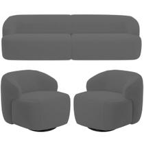 Sofá 3 Lugares Curvo Orgânico com 02 Poltronas Para Sala Living 250cm Barolo L06 Veludo Grafite - Lyam Decor