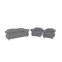 Sofá 3 Lugares + Duas Poltronas Chesterfield Merlo- Veludo Cinza Medio / decoração, sala, recepção, barbearia Sofá 3 Lugares + Duas Poltronas Chesterfield Merlo- Veludo Cinza Medio / decoração, sala, recepção, barbearia