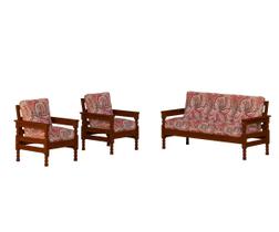 Sofá 3 lugares e 2 poltronas madeira maciça com almofadas castanho