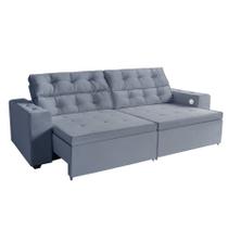 Sofá 3 lugares Estella 3,00 metros Cinza Retrátil Reclinável Tecnologia Carregamento 4 portas USB ,com tapete Incluso -