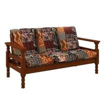 Sofa 3 lugares madeira maciça cor imbuia com almofadas