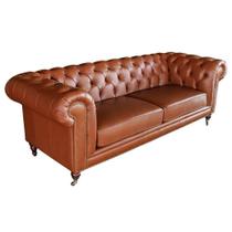 Sofá 3 Lugares Sala de Estar 235cm Chesterfield Duo Couro Conhaque Brilho - Gran Belo