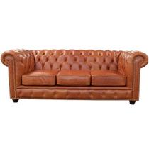 Sofá 3 Lugares Sala de Estar 235cm Chesterfield Pés Madeira Couro Conhaque - Gran Belo