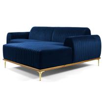 Sofá 350cm 6 Lugares com Chaise Direito Pés Gold Molino B-304 Veludo Azul Marinho - Domi