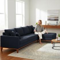 Sofá 4 Lugares Beny com Chaise Direito Linho Azul Sofá 4 Lugares Beny com Chaise Direito Linho Azul