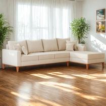 Sofá 4 Lugares Beny com Chaise Direito Linho Bege Sofá 4 Lugares Beny com Chaise Direito Linho Bege