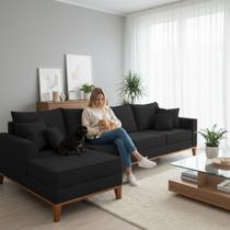 Sofá 4 Lugares Beny com Chaise Esquerdo Linho Preto Sofá 4 Lugares Beny com Chaise Esquerdo Linho Preto