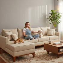 Sofá 4 Lugares Beny com Chaise Esquerdo Suede Bege Sofá 4 Lugares Beny com Chaise Esquerdo Suede Bege