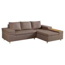Sofá 4 Lugares Clássico com Chaise Direito e Entrada USB Linho Marrom Médio
