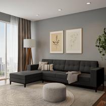 Sofá 4 Lugares Joy com Chaise Esquerdo Pés e Base em Madeira Linho Cotton Grafite