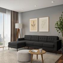 Sofá 4 Lugares Lituânia com Chaise Esquerdo Pé Palito Linho Cotton Grafite Escuro