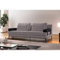 Sofá 4 Lugares Living Goya Tecido Boucle Italiano Cru 200 Cm Braço Couro Híbrido Espresso Móveis Cinza