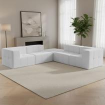 Sofá 5 Lugares Canto Para Sala Living Modular Com Puff Lancaster F04 Bouclê Branco - Lyam Decor Sofá 5 Lugares Canto Para Sala Living Modular Com Puff Lancaster F04 Bouclê Branco - Lyam Decor