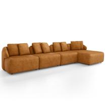 Sofá 5 Lugares com Chaise Direito Sala Living 334cm Arlo F04 material sintético Whisky - Lyam Decor