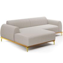 Sofá 5 Lugares com Chaise Esquerdo Para Sala de Estar Molino 300cm D02 Base Castanho Pés D'ouro Bouclê Creme C-54 - Lyam Decor