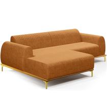Sofá 5 Lugares com Chaise Esquerdo Para Sala de Estar Molino 300cm D02 Base Castanho Pés D'ouro material sintético Whisky B-90 - Lyam Decor