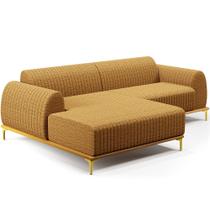 Sofá 5 Lugares com Chaise Esquerdo Para Sala de Estar Molino 350cm D02 Base Castanho Pés D'ouro Prime Bouclê Mostarda PB-03 - Lyam Decor