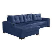 Sofá 5 Lugares Dijon com Chaise Esquerdo e Entrada USB Suede Azul Marinho - Império Estofados