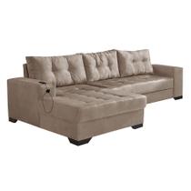 Sofá 5 Lugares Dijon com Chaise Esquerdo e Entrada USB Suede Chocolate