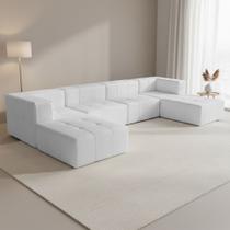 Sofá 6 Lugares Para Sala Living Modular Com Puff Lancaster F04 Bouclê Branco - Lyam Decor Sofá 6 Lugares Para Sala Living Modular Com Puff Lancaster F04 Bouclê Branco - Lyam Decor