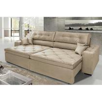 Sofá Austin 2,42m Retrátil, Reclinável com Molas no Assento e Almofadas, Tecido Suede Bege