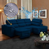 Sofá Azul de Canto Chaise Impermeabilizado Direto de Fábrica 250 Cm Retrátil Luiza Suede - SóSofá