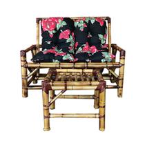 Sofá Bambu 2 Lugares com Mesa e Almofadas Preto Floral Varanda