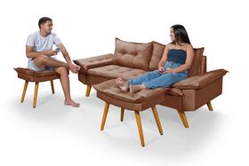 Sofá Bariloche 3 Lugares em Linho Mais Duas Banquetas