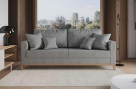 Sofá beny 3 lugares base em madeira linho cinza