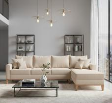 Sofá Beny com Chaise Direita, 2,60x1,40m, 4 Lugares, Linho, Base em Madeira.