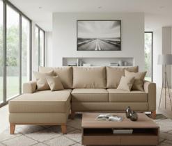 Sofá Beny com Chaise Esquerda, 1,40x2,20m, 3 Lugares, Linho, Base em Madeira.