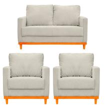 Sofá Berlin 3 Lugares + 2 Poltronas Base de Madeira Linho