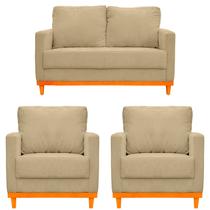 Sofá Berlin 3 Lugares + 2 Poltronas Base de Madeira Linho