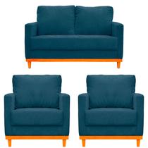 Sofá Berlin 3 Lugares + 2 Poltronas Base de Madeira Linho
