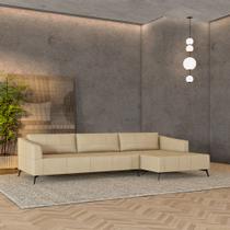 Sofá Bipartido Sala de Estar Kiara 292cm Chaise Direito Pés de Ferro Couro Bege G52 - Gran Belo